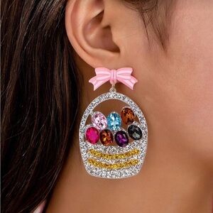 Fashion Crystal Basket Drop Earrings - Pink Bow